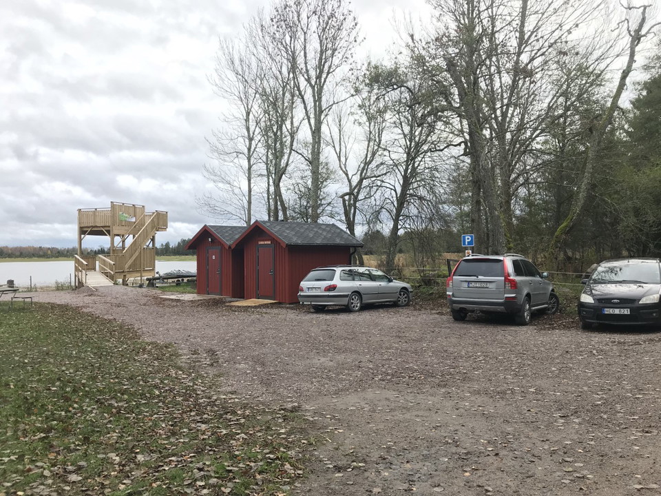 Grusad parkering. Trebilar, 2 röda hus och fågeltornet i bakgrunden. Höstbild.