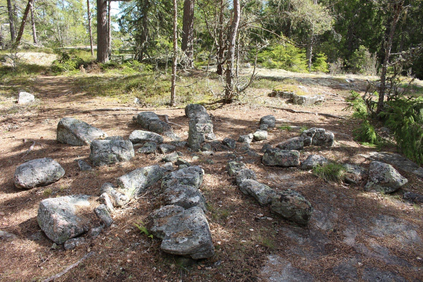 På en öppen yta i skogen ligger stenar i en rund formation.