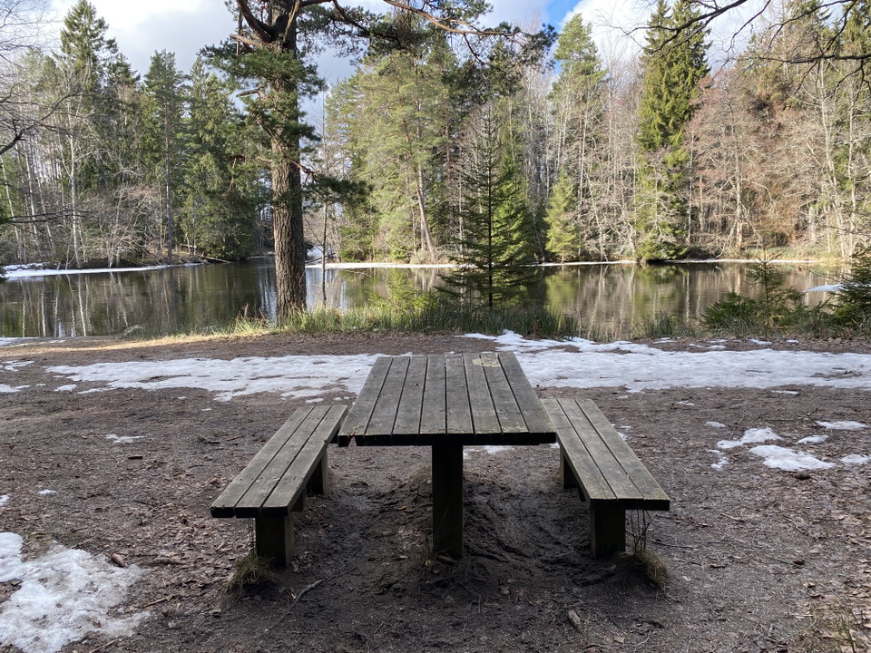 Ett bänkbord på en öppen yta vid en älv. På andra sidan älven är det tät skog.