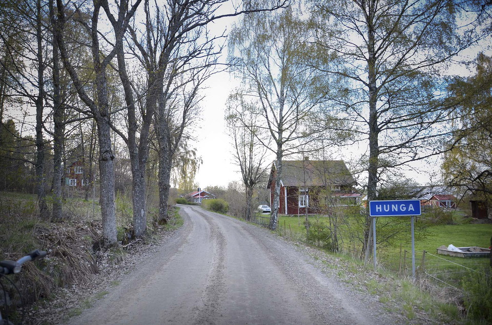 En grusväg kantad av kala lövträd och en röd liten stuga skymtas.