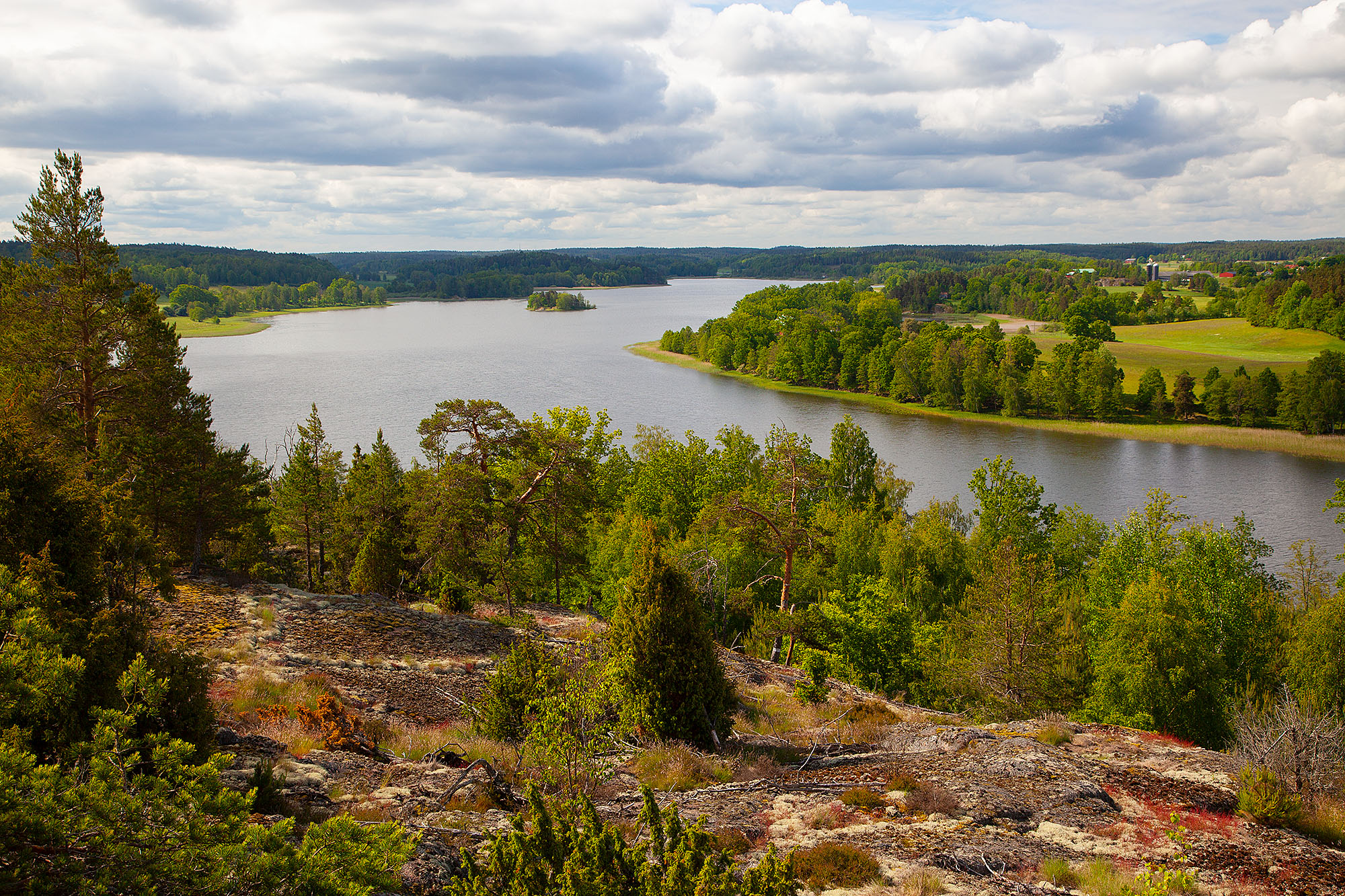 Utsikt från ett berg mot en sjö, det är höst
