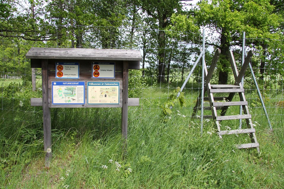 Bredvid en informationstavla finns en stätta, en övergång över staketet för att ta sig in i naturreservatet.
