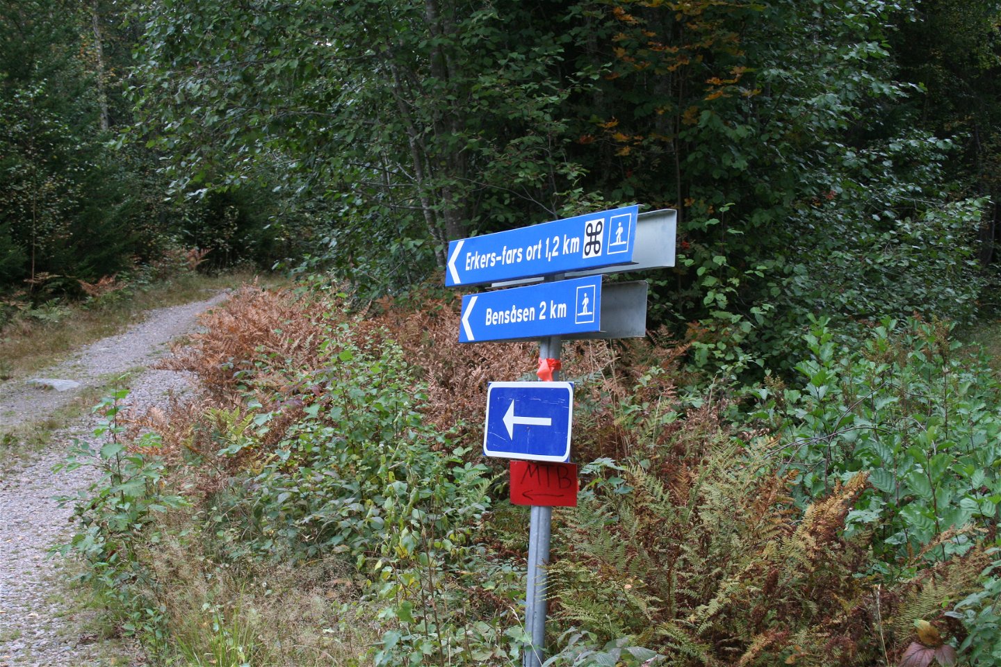 Skylt som visar MTB-slingans markeringar och skyltar som visar vandringslederna till Bensåsen och Erkers-Fars Ort