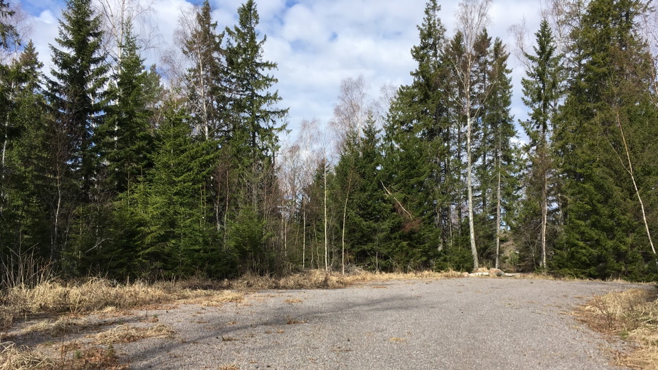 En stor grusad yta med skog runtom.