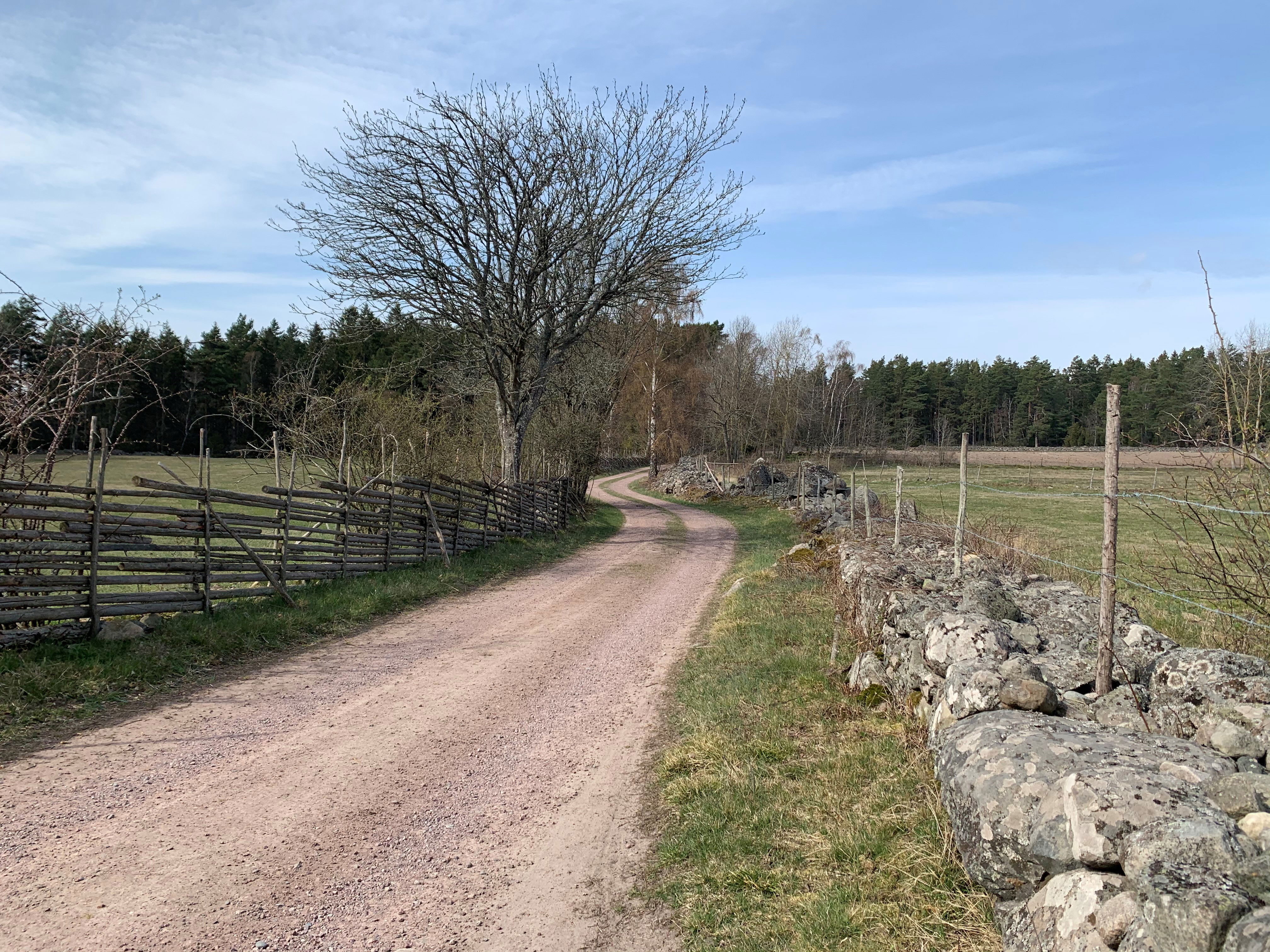 Grusväg som slingrar mellan stenmur och trägärdsgård
