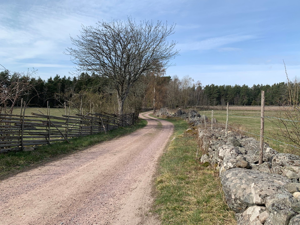 Grusväg som slingrar mellan stenmur och trägärdsgård