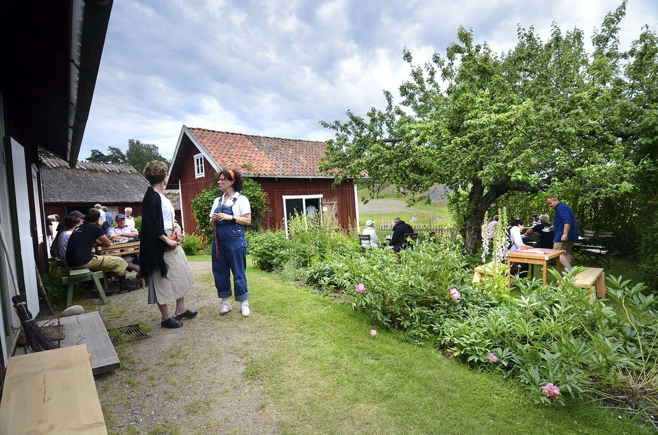 Samling personer utanför ett gammalt torp. Pioner och ett fruktträd syns i bild. 