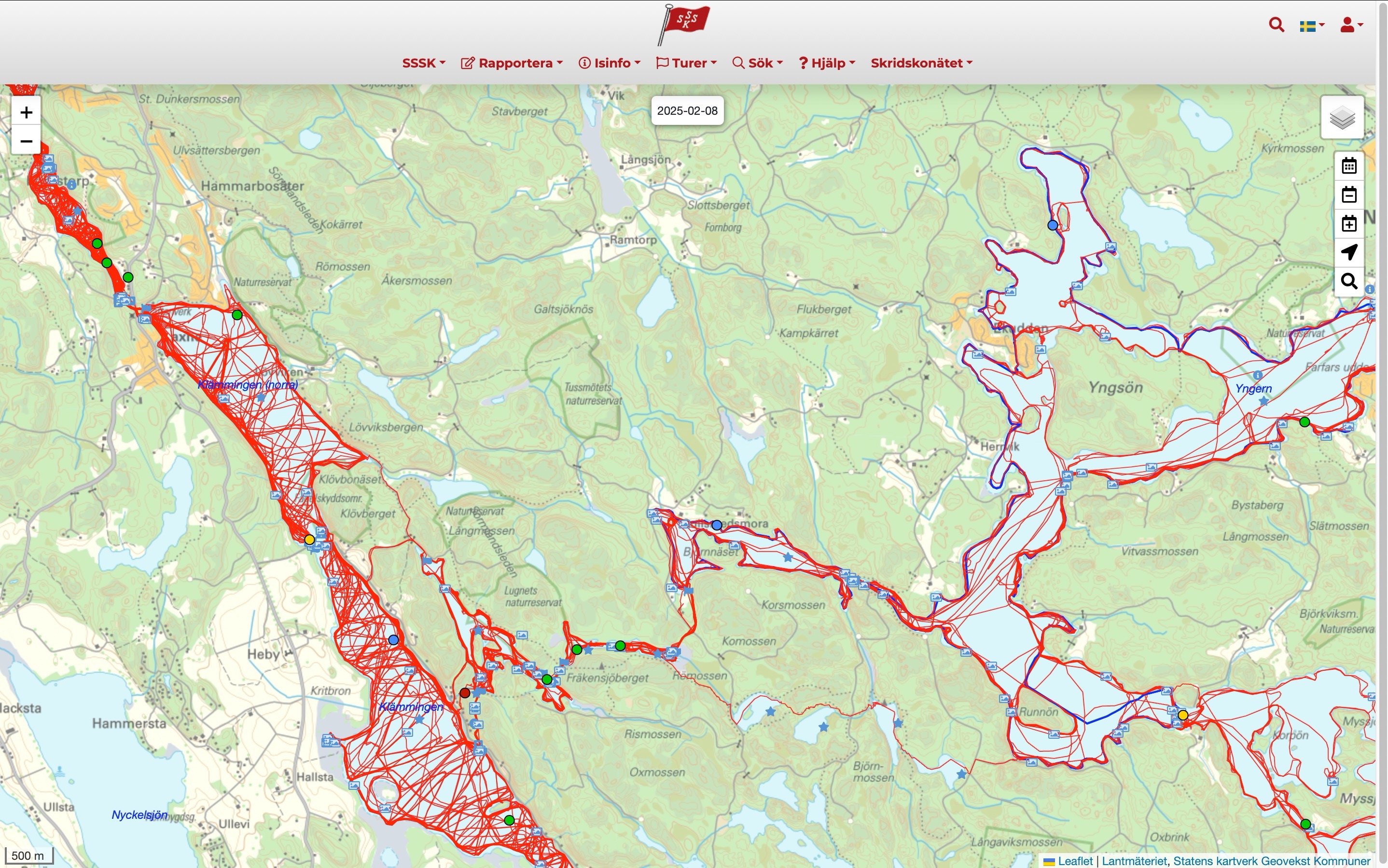 De röda linjerna visar den gps-loggade skridskoturerna på SSSK's hemsida…
