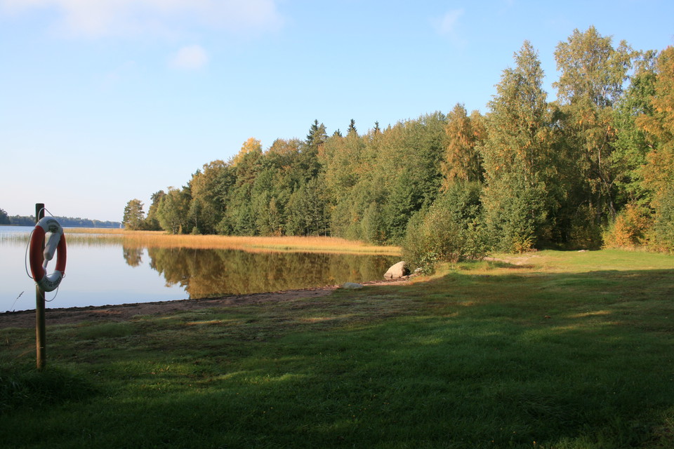 En lugn badvik med gräs ned mot stranden. En livboj hänger nära vattnet.