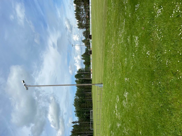 Fotbollsplaner med grönt gräs och reklamskyltar i bakgrunden