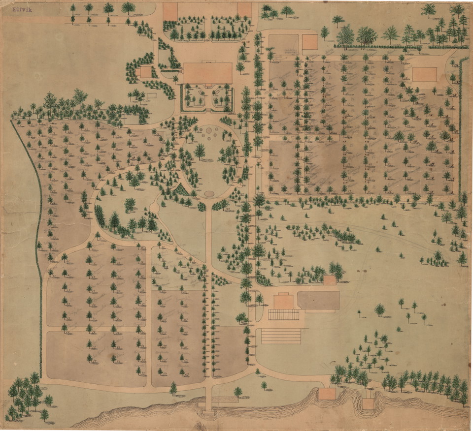 Elfviks gårds herrgårdspark, ritning 1800talet. Foto Lidingö stadsarkiv.