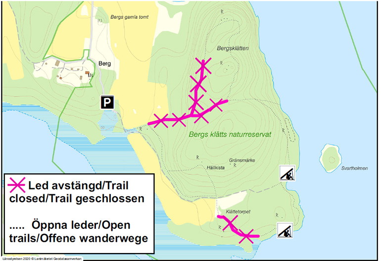 Kartbild som visar markering för avstängda vandringsleder