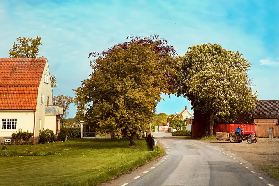 Landsväg med traktor och hus vid sidan