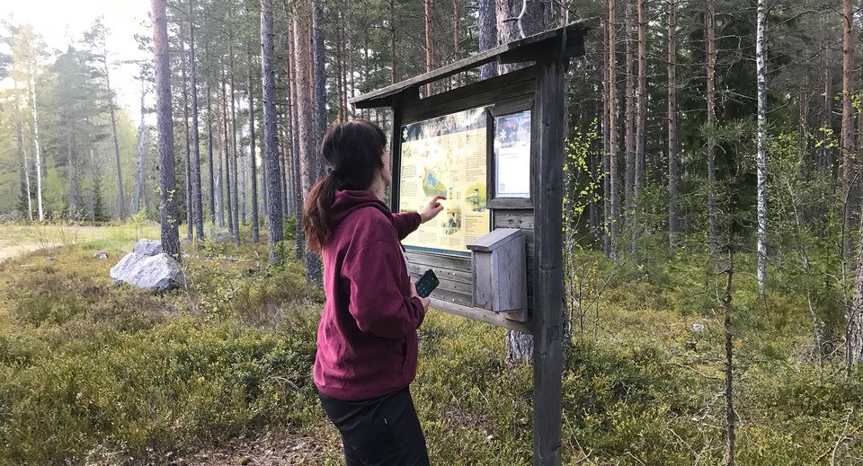 En kvinna som tittar på en orienteringstavla