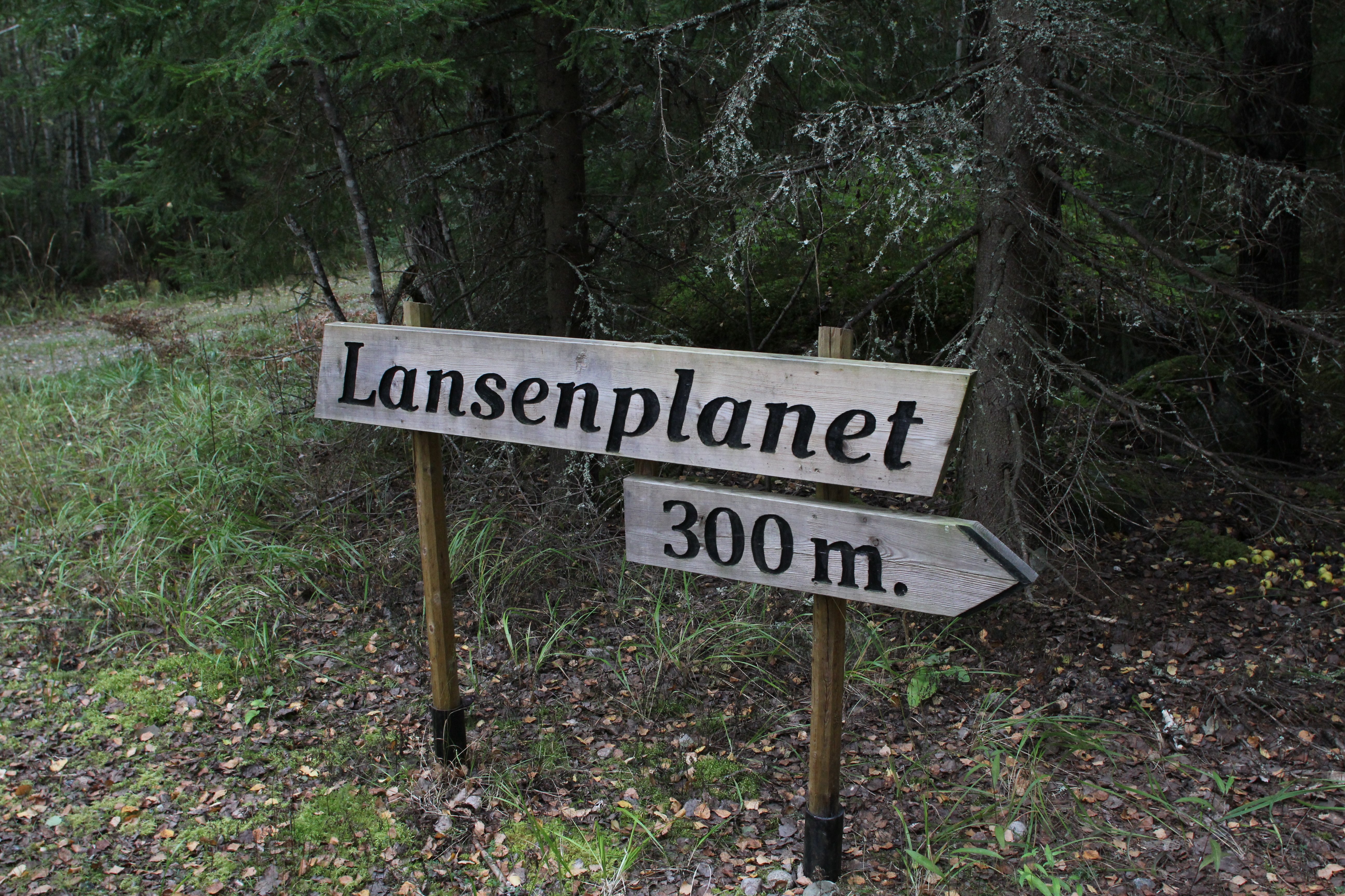 Träskylt med text Lansenplanet 300 m.
