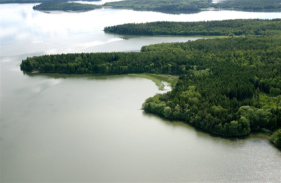 Ett flygfoto över området. Skogsklädda uddar går ut i Mälarens vatten.