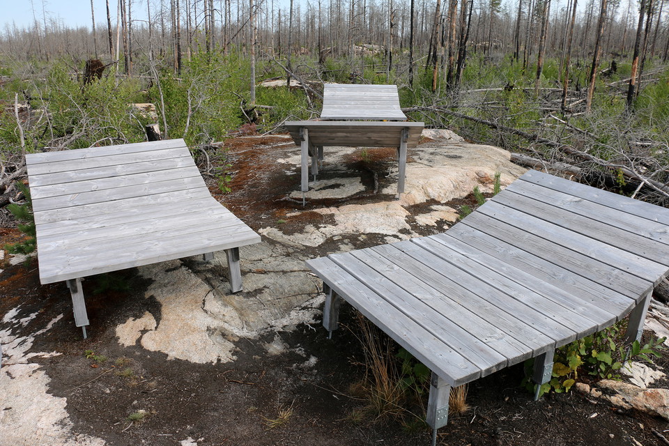 Fyra grå träbritsar på en stenhäll.