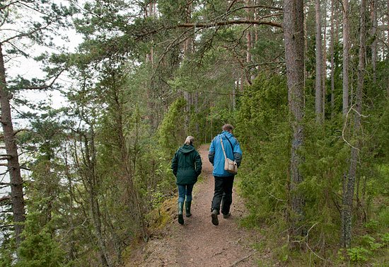En man och en kvinna promenerar längst en stig genom skogen. På ena sidan av stigen är det en brant sluttning. 