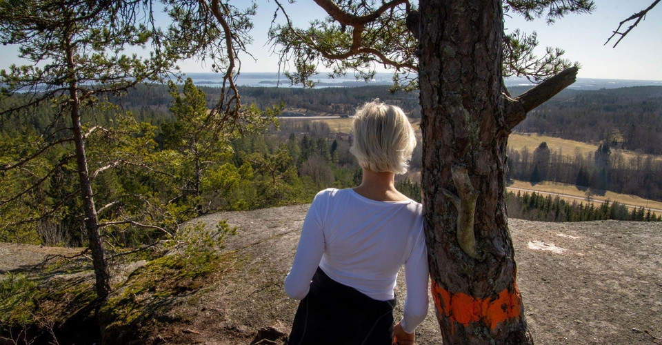 Etapp Fridhemsrundan i Norrköping.
Person lutad mot träd med orange markering. Utsikt från Korpklint.