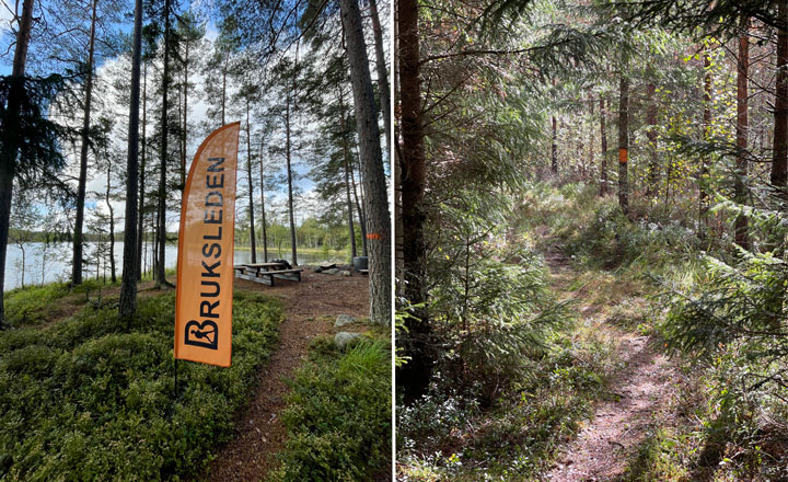 Bild på flagga med texten Bruksleden och stig som slingrar sig genom skogen.