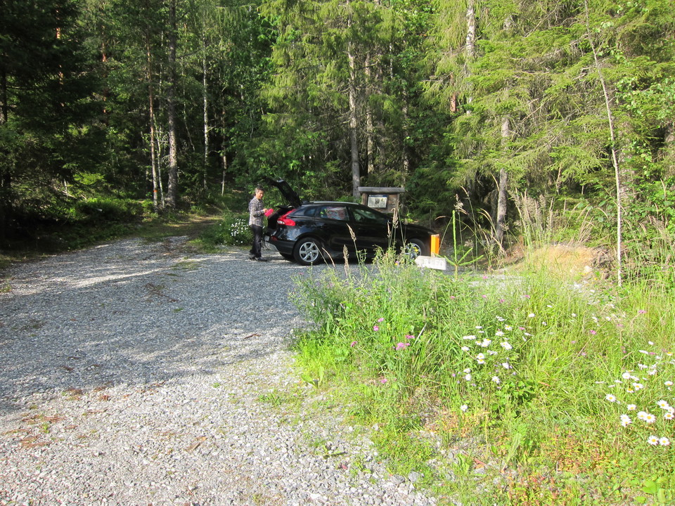 En person hämtar något i bagageluckan på sin parkerade bil.