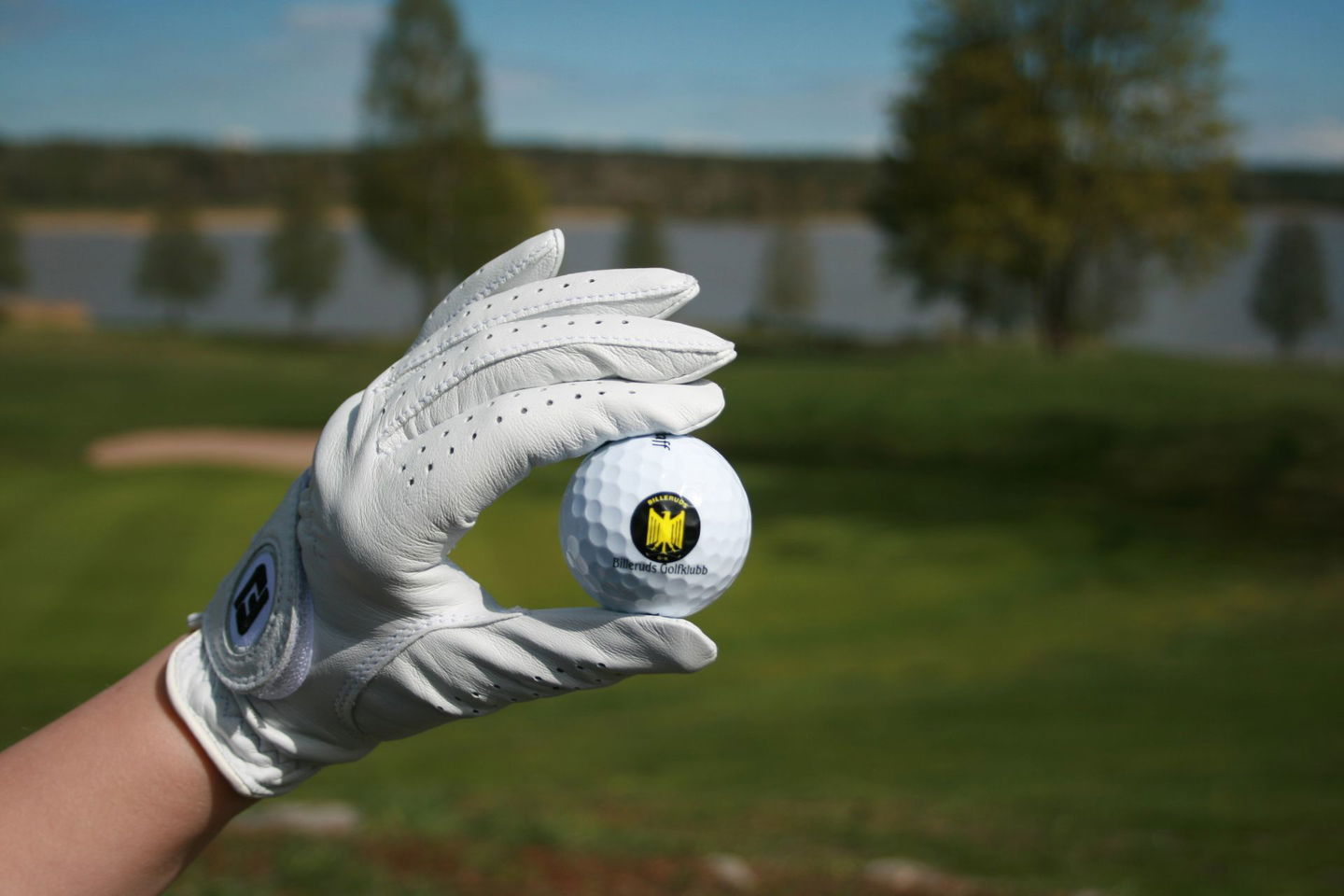 Bild på golfboll med utsikt över Billeruds Golfklubb i bakgrunden