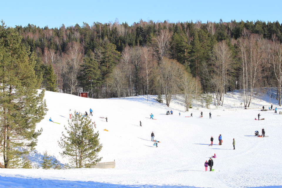 En brant pulkabacke som leder ner till en stor öppen yta. Det är snö på marken och många människor på området.