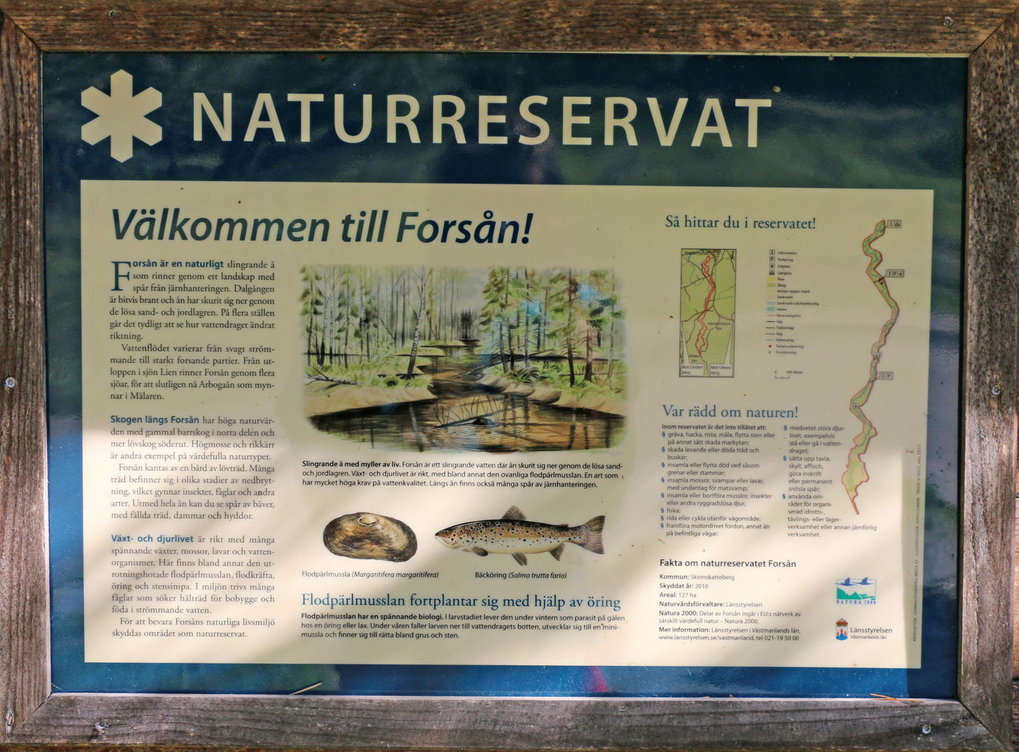 Informationstavla över naturreservatet.