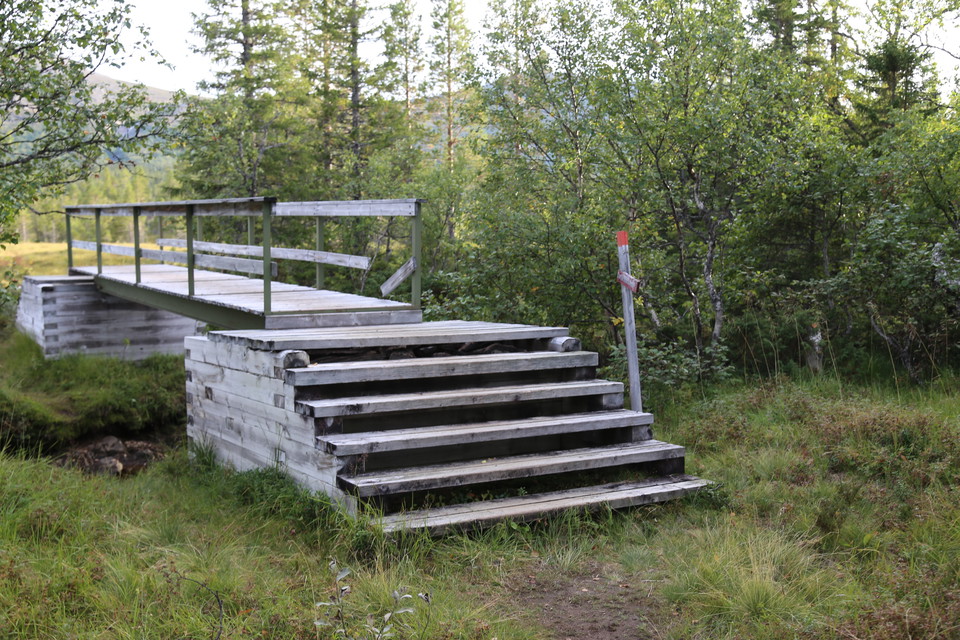 En träbro byggd av trall över en större bäck