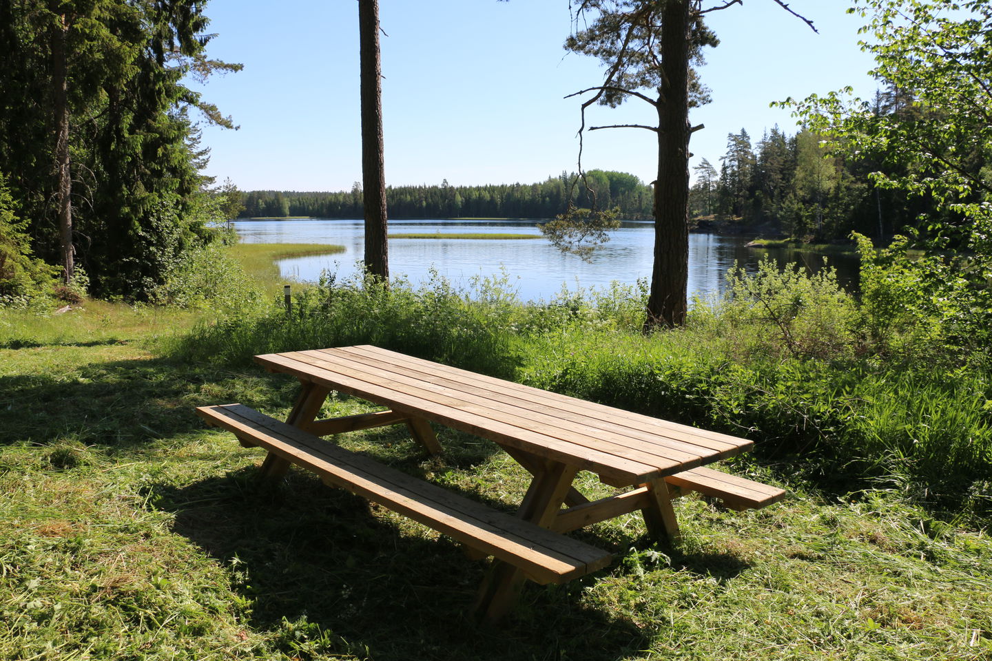 Ett picknickbord som står på gräs, en sjö i bakgrunden.