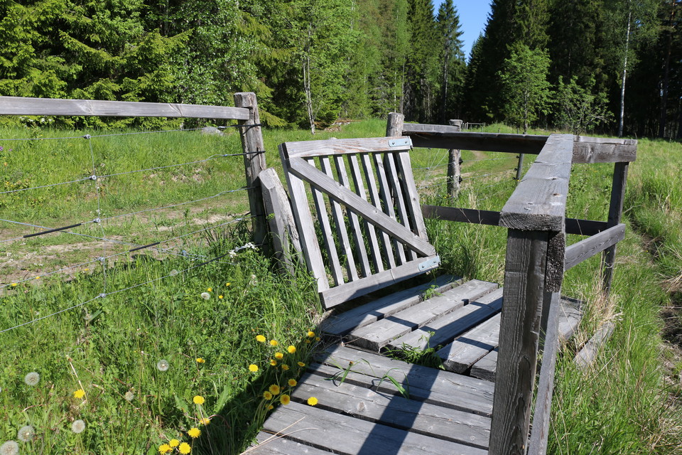 En träkonstruktion med en grind, räcken och träplankor på marken som står på grönt gräs bredvid en grusväg.