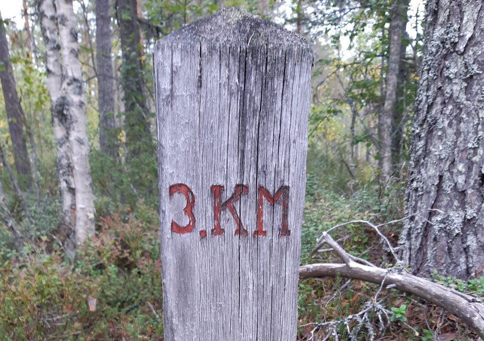 Kilometerstolpe vid 3 km. Kilometersstolpar har en gång i tiden funnits för varje kilometer.