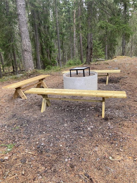 Rastplats med tre sittbänkar och eldstad i mitten i fin skogsmiljö