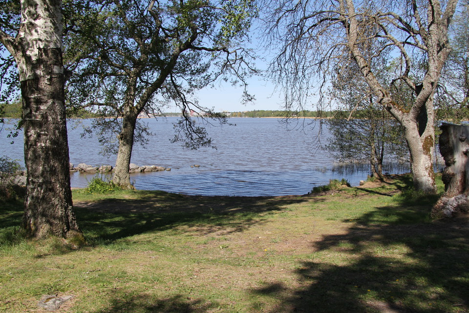 Badplats i gräsbeklädd vik.