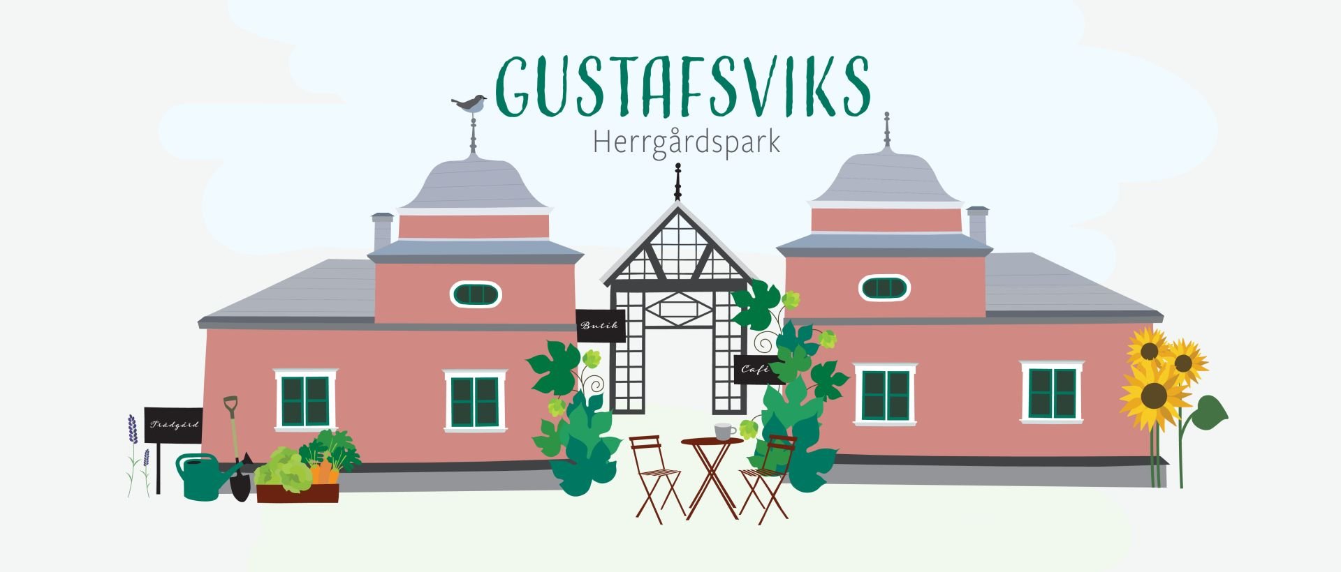 Välkommen till den historiska platsen Gustafsviks herrgårdspark i Kristinehamn, här finns köksträdgård med växthus, trädgårdscafé, butik och bigård..