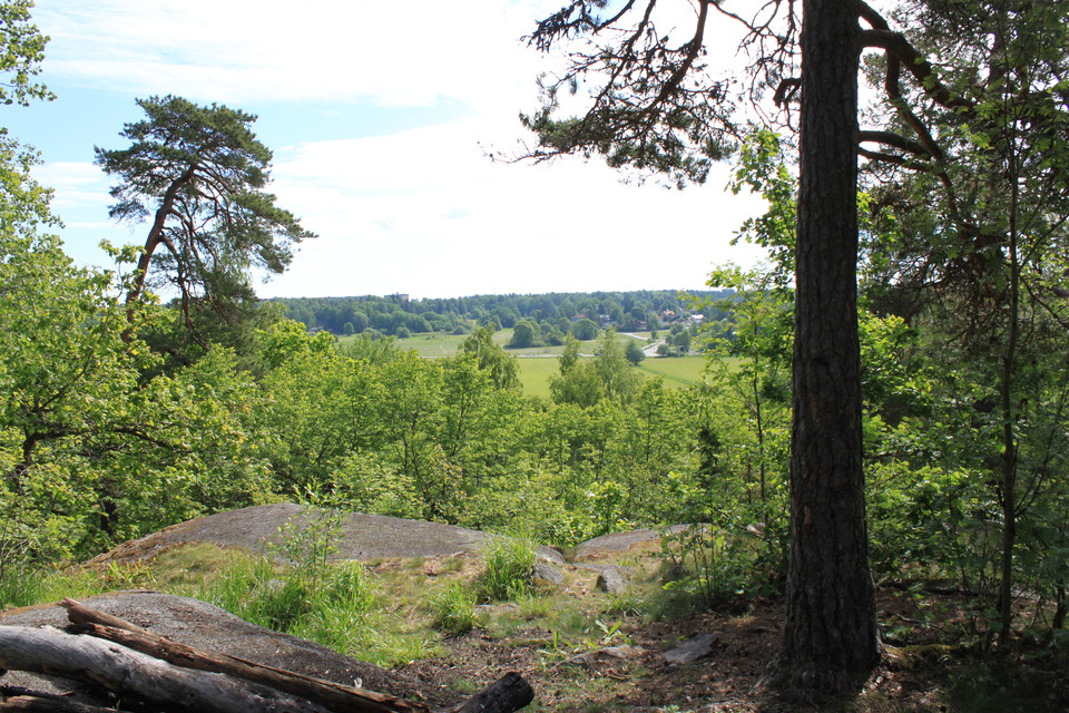 Från en hög klippa har man utsikt över skog och åkrar.