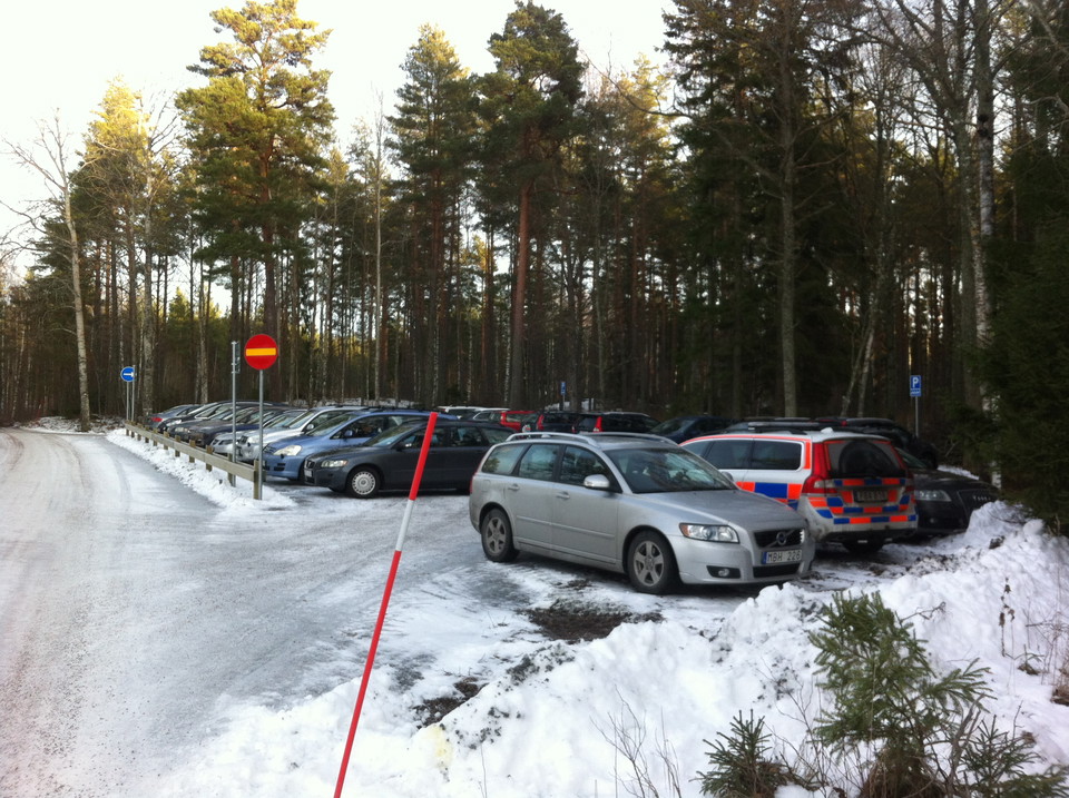 En grusplan med många parkerade bilar.