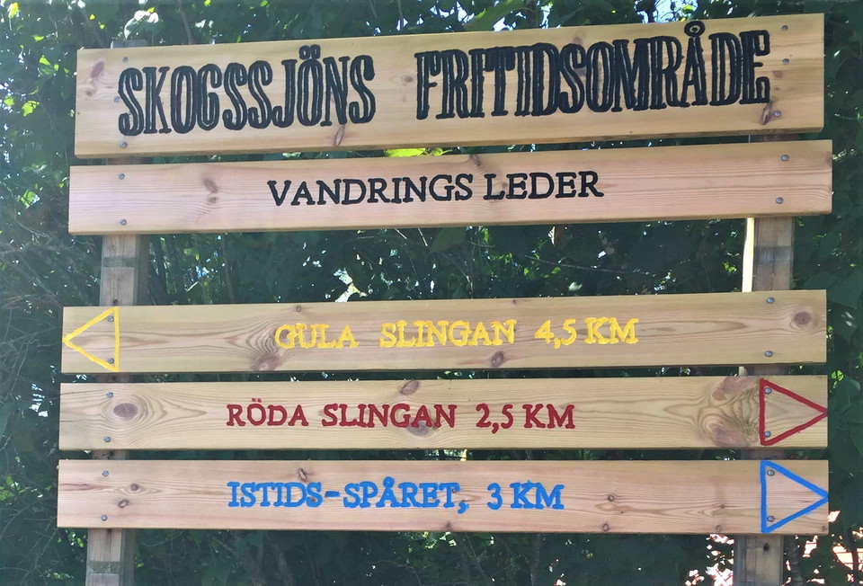 Informationsskylt som visar gult, rött och blått spår