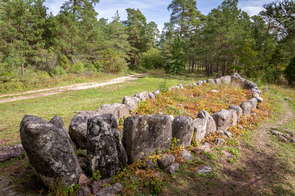 En skeppssättning i skogsmiljö, Flera större stenar placerade i formen av ett smalt skepp.