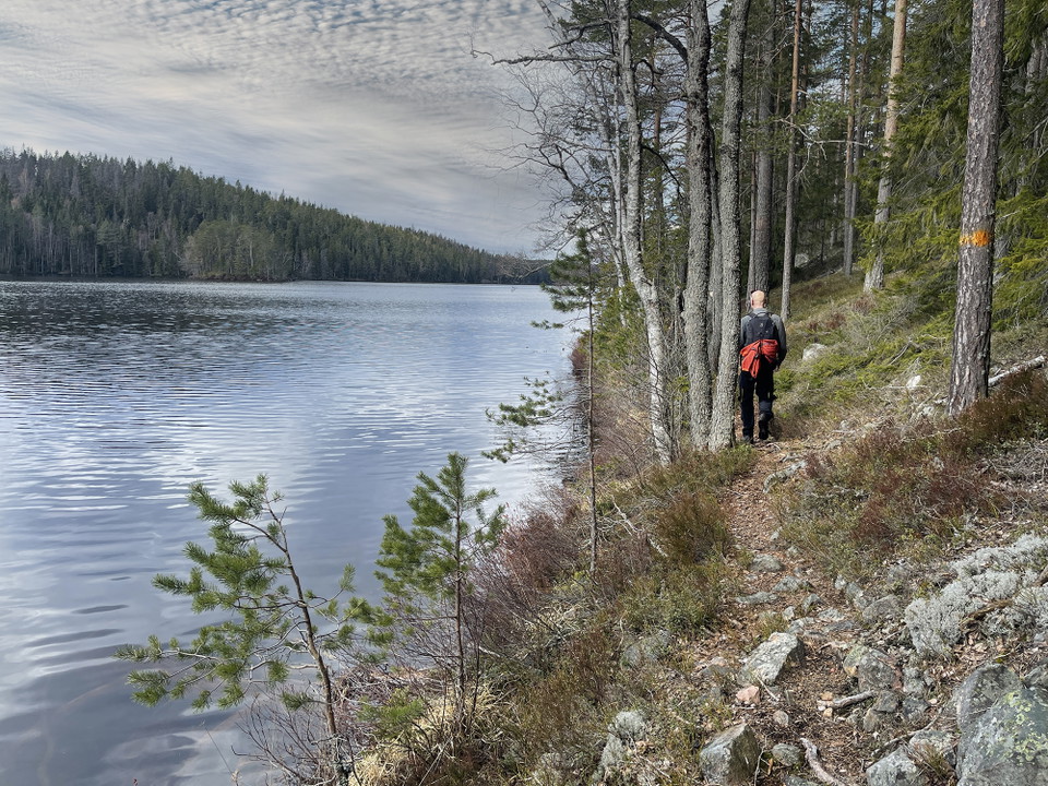 En person går på sig nära en liten sjö.