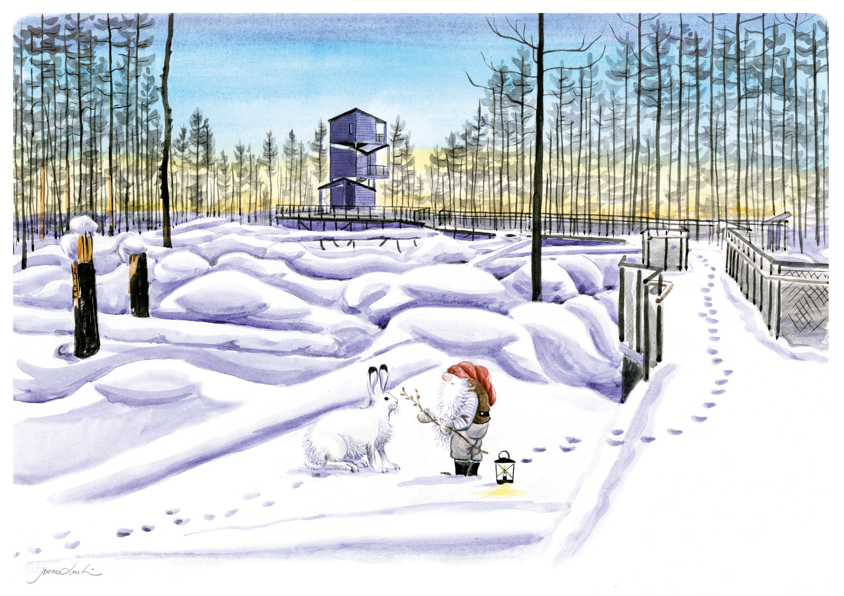 En målning av ett snöigt landskap. I förgrunden står en hare i vit vinterskrud tillsammans med en tomte med skägg, röd luva och grå kläder. En lykta står i snön. I bakgrunden syns Hälleskogsbrännans utsiktstorn.