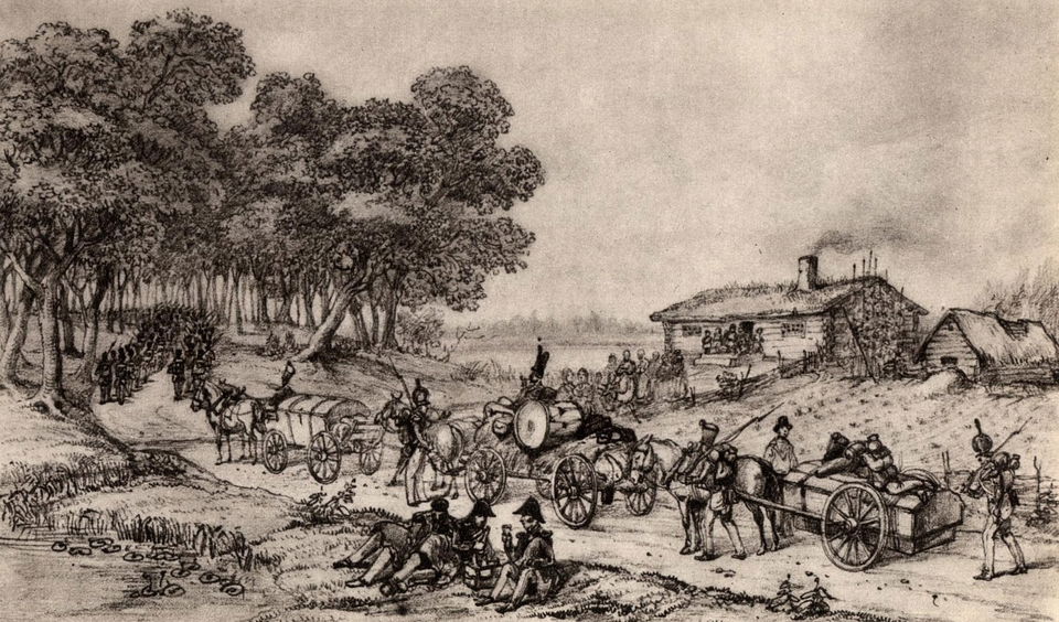 Målad tavla av infanteriet som går på en grusväg förbi en stuga.