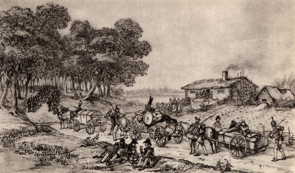 Målad tavla av infanteriet som går på en grusväg förbi en stuga.