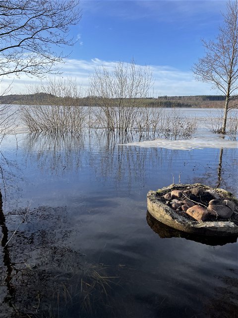 Bild tagen vid markerat landfiskeområde i norra Ralången. Observera översvämningen vid fototillfället.