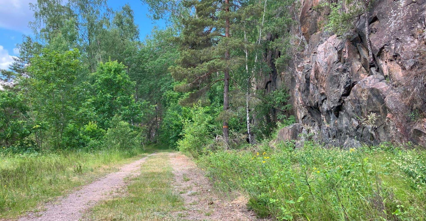 Fallingebergssjön rastplats vid Loklintsberget. Skogsväg, bergsvägg.