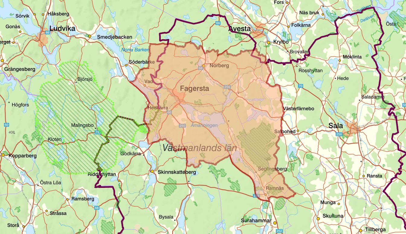 Kartbild över området i Västmanland som är drabbat av afrikansk svinpest.  