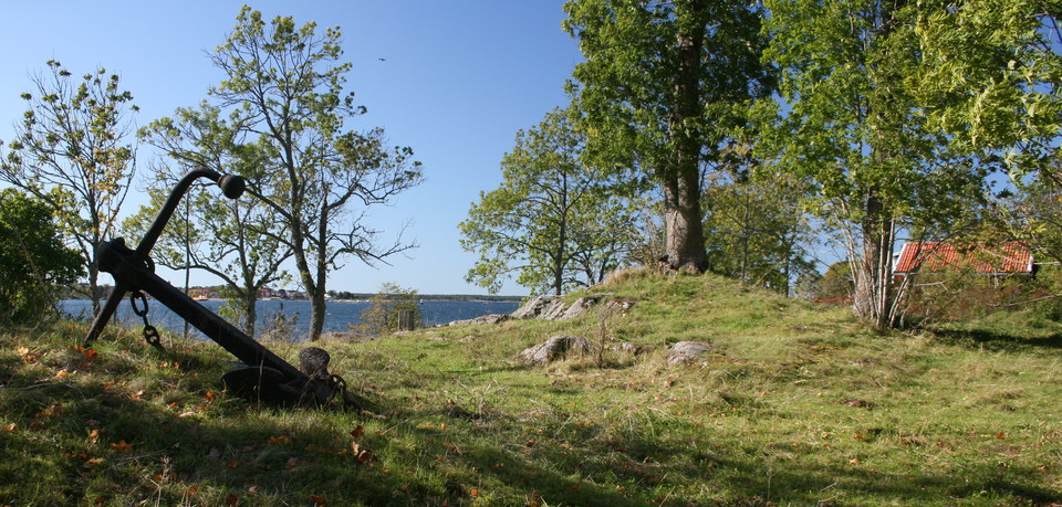 Kuperad gräsmark med många stenar. I bakgrunden ser man havet.