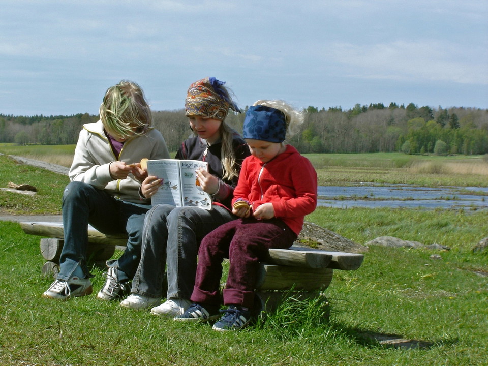 Unga fågelskådare vid Angarnsjöängen.