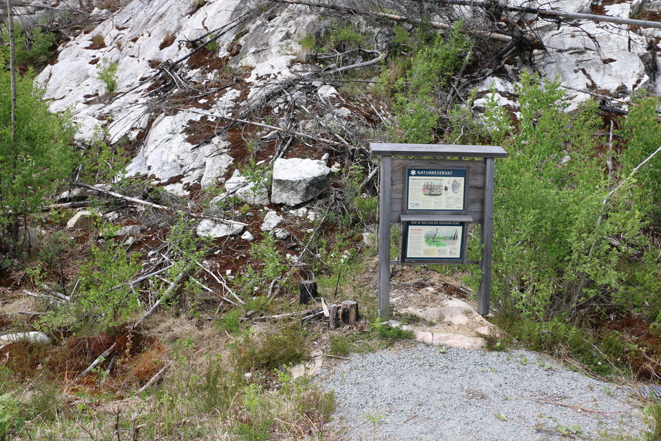 En informationstavla som står intill lite grus, lite lövsly och vita klippor i bakgrunden.