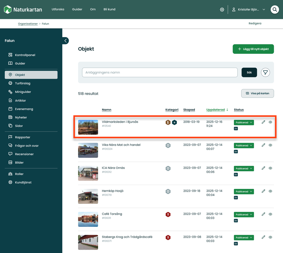 Falu kommun adminisrerar 518 objekt i Naturkartan. En av lederna är Vildmarksleden i Bjursås - relev…